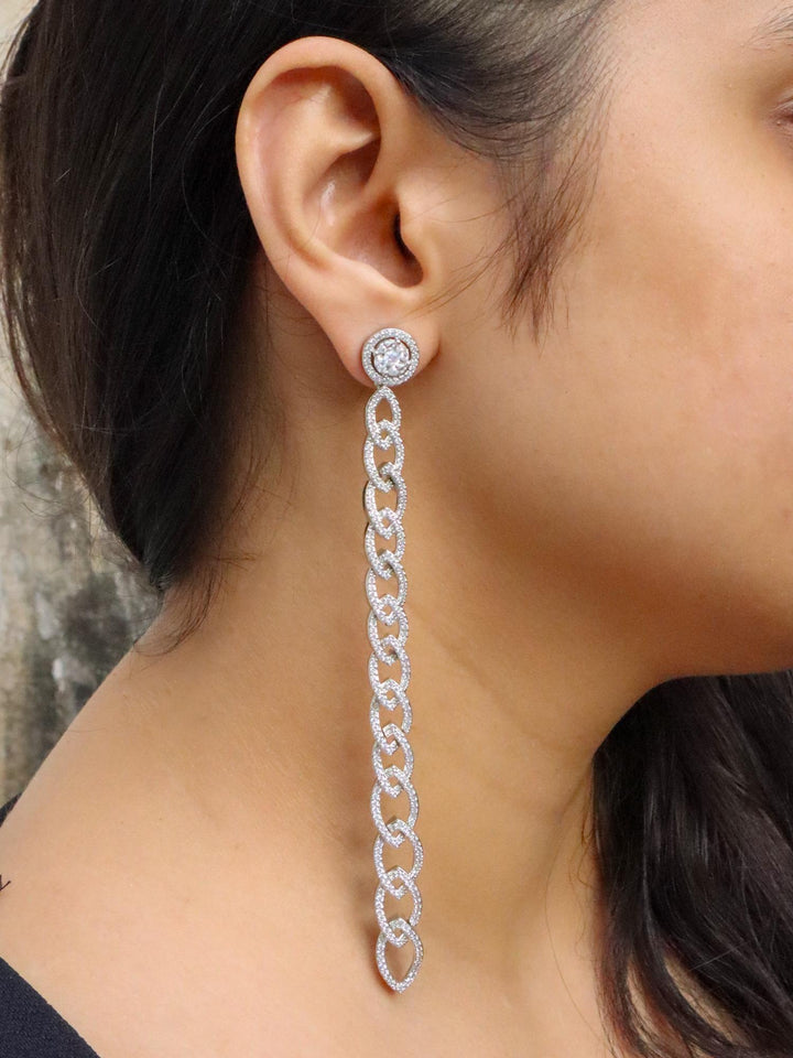 Girl wearing Cuban Designer Long Dangle Diamond Earrings by Live Some India