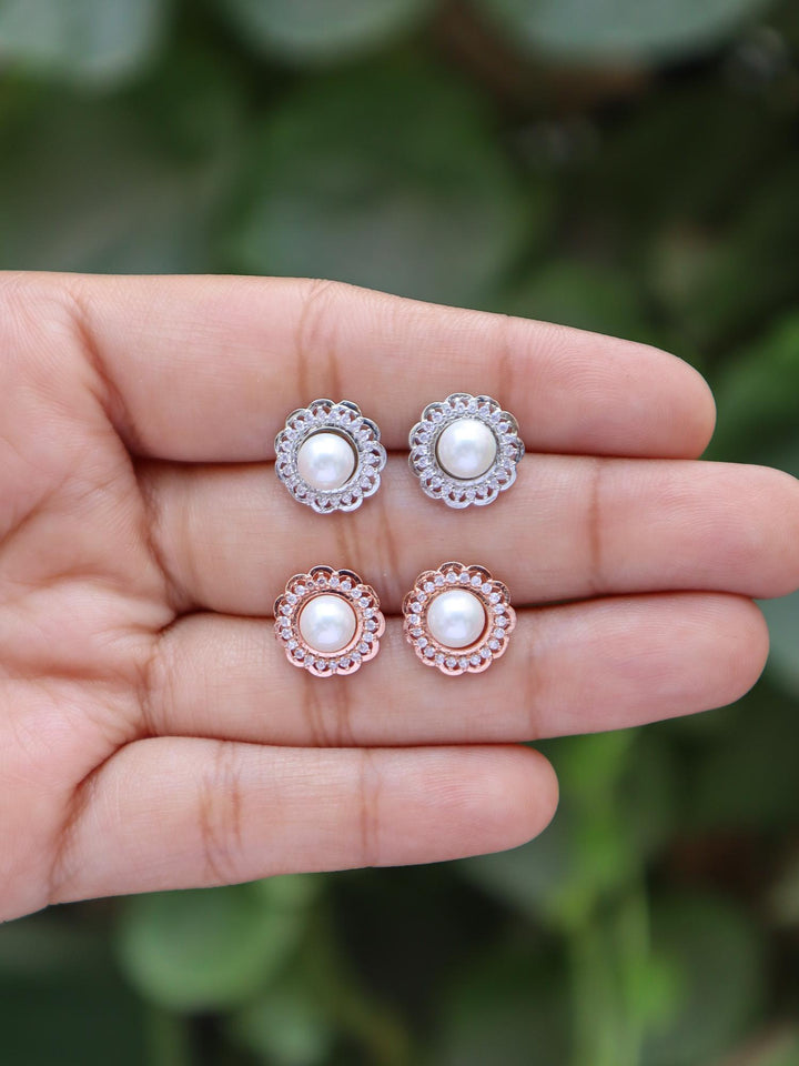 A closeup image of the variants of Dainty Flower Pearl Earrings by Live Some India 