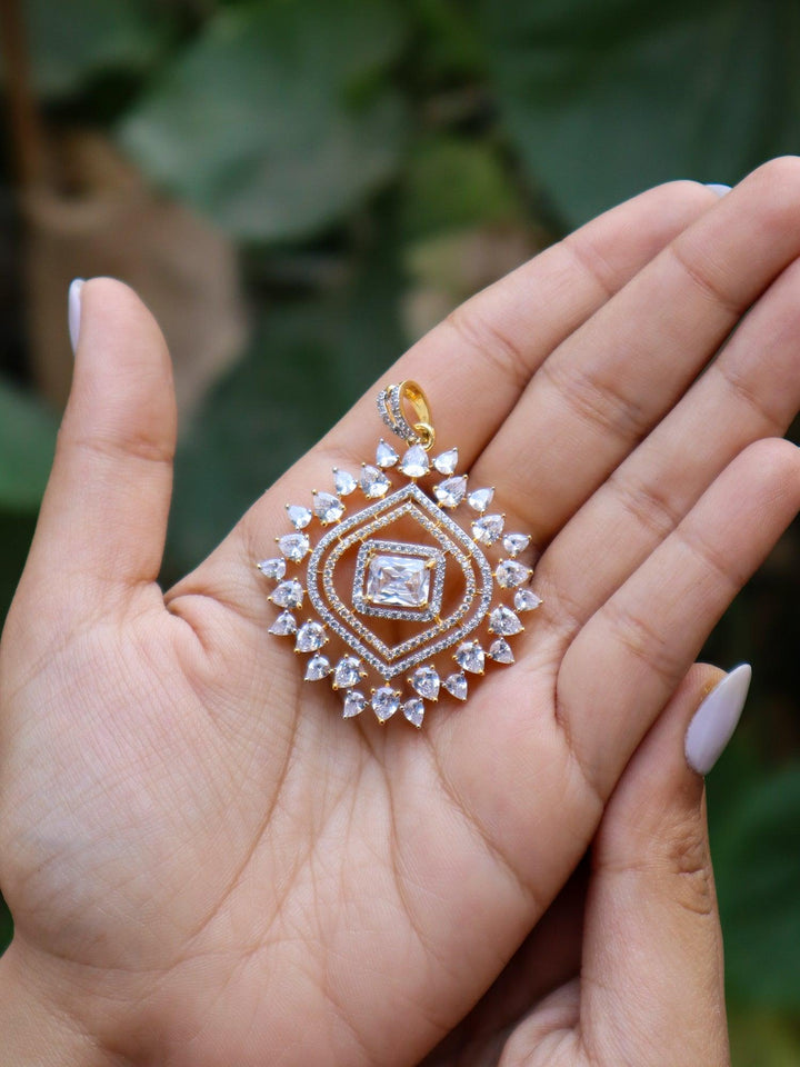 A closeup image of Dazzling Diamond Pendant Set by Live Some India 