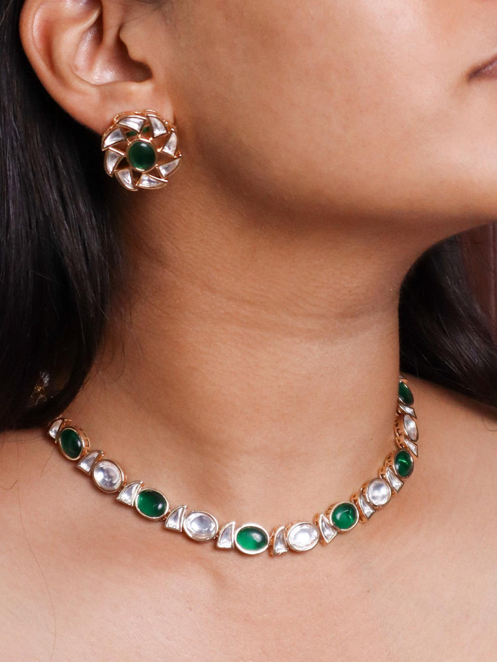 A closeup image of a girl wearing Delicate Green Stone Kundan Polki Necklace Set -2 by Live Some India 