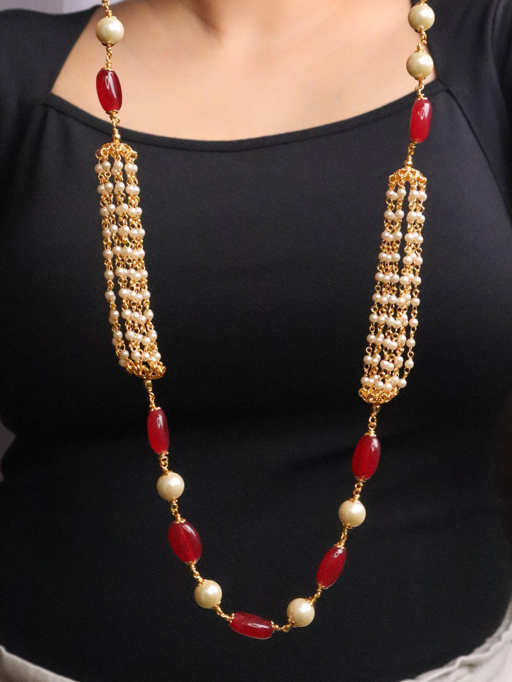 Girl wearing black top Holding Designer Beaded Mala Necklace with Pearls by Live Some India