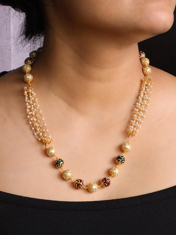 Girl wearing Designer Peal Beaded Necklace Mala by live some india