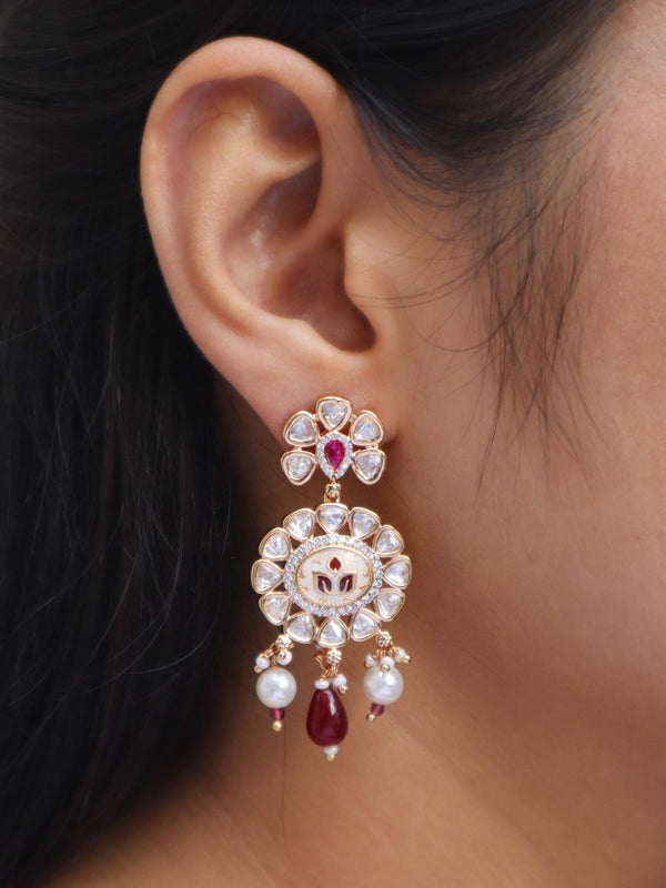 Girl wearing Dhariya Kundan Polki & Maroon Meenakari Dangle Earrings by Live Some India