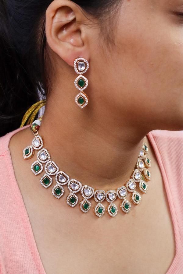 A closeup image of a girl wearing Dia Kundan Polki Minimalist Green Necklace by Live Some India 