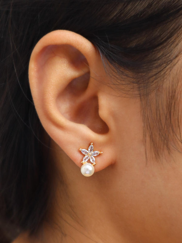 Girl wearing Diamond Flower with Pearl Stud Earrings by Live Some India