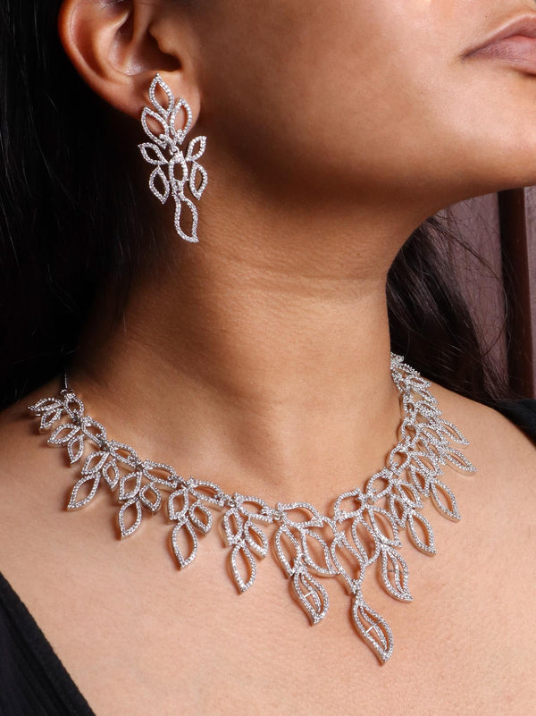 A closeup image of a girl wearing Diana Leaf Diamond Necklace Set -2 by Live Some India 