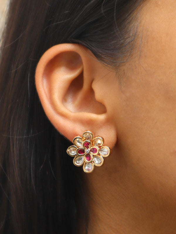 A closeup image of a girl wearing Diya Kundan Polki Stud Earrings -4 by Live Some India 