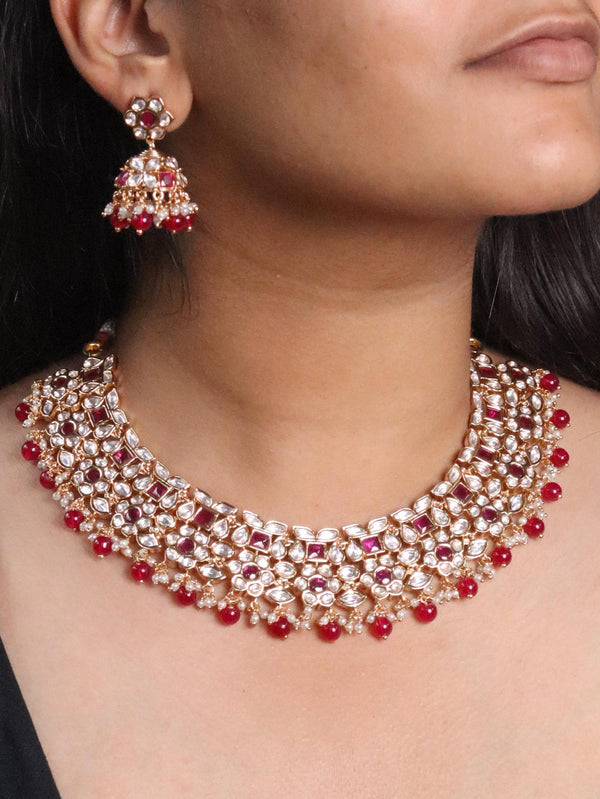 A closeup image of a girl wearing Drishti Kundan Polki Necklace Set -1 by Live Some India