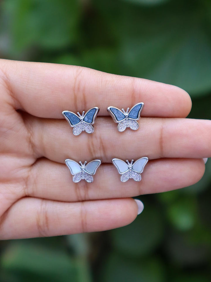 A closeup image of Dual Butterfly Silver Earrings-1 by Live Some India 