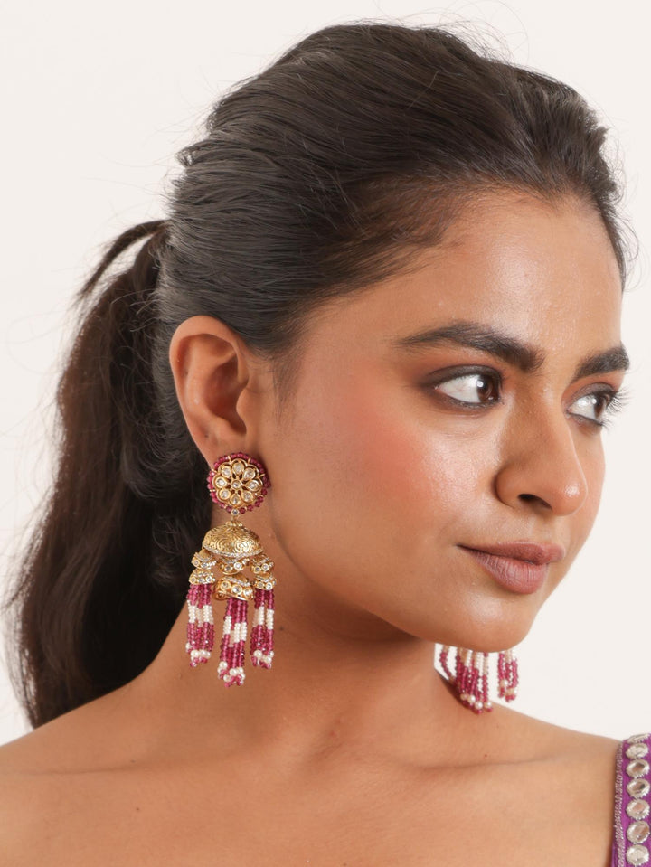 Indian model wearing Elegant Handwork Dome Kundan Polki Jhumka Earrings with Meenakari by Live Some India