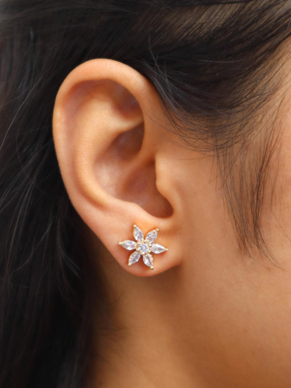 Girl wearing Ella Diamond Flower Stud Earrings by Live Some India