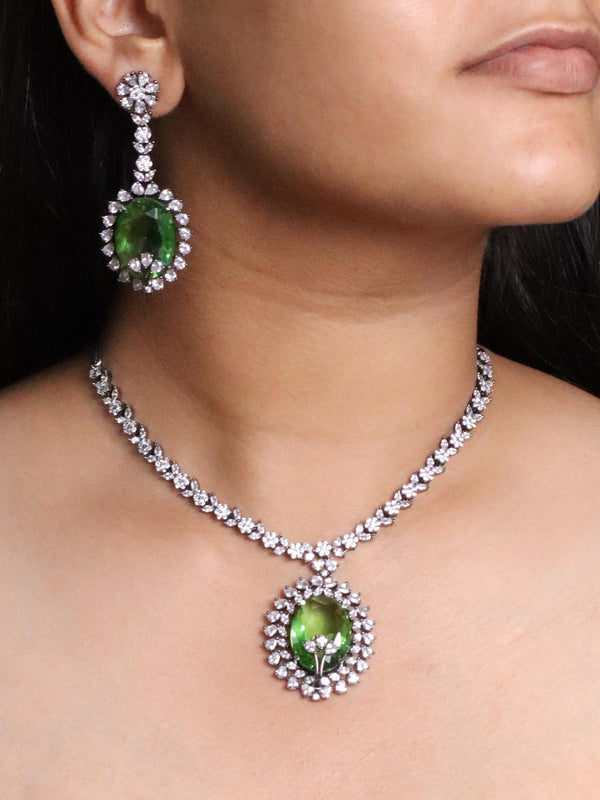 Indian model wearing Emerald Green Diamond Necklace Set by Live Some India