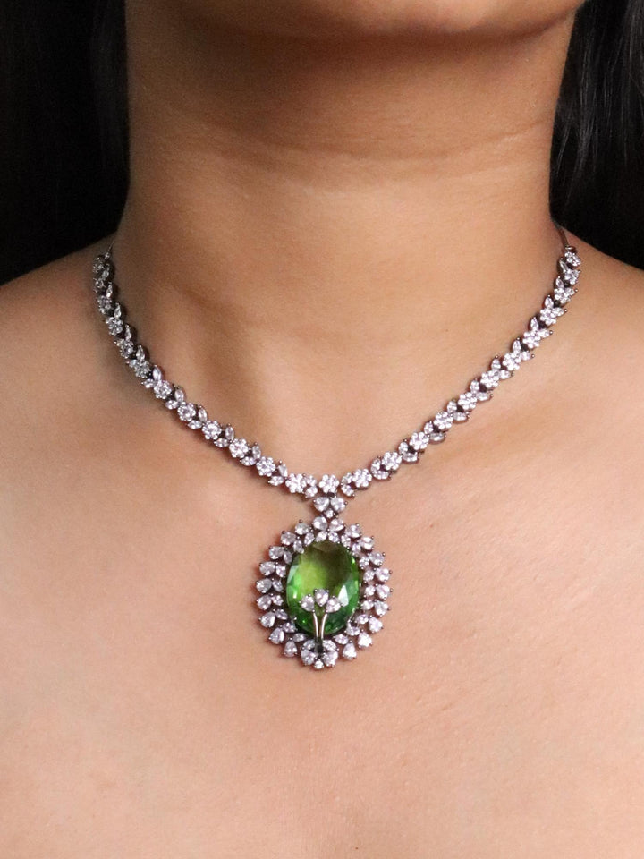 Indian model wearing Emerald Green Diamond Necklace Set by Live Some India