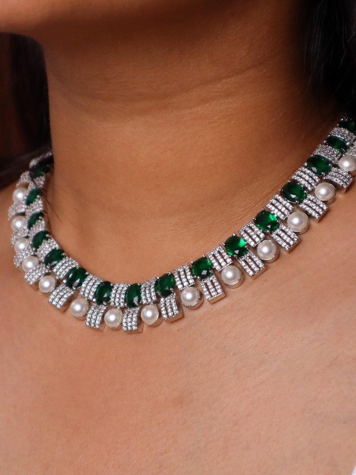 A closeup image of a girl wearing Emerald with Pearls Diamond Necklace set -5 by Live Some India 