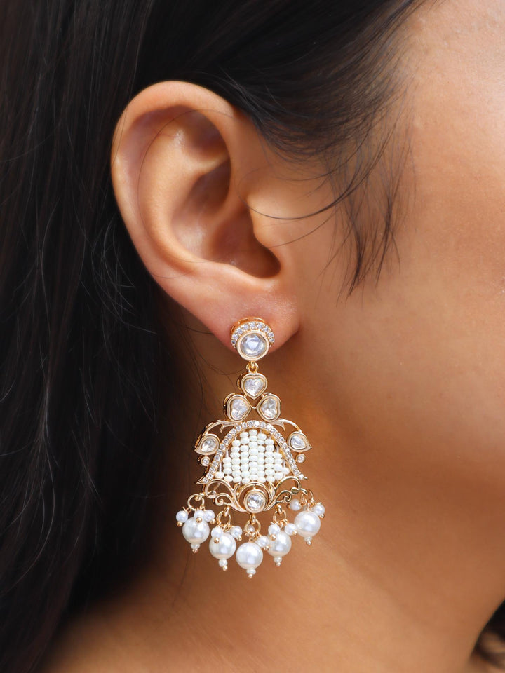 Girl wearing Ethnic Kundan Polki Designer Earrings with Pearl Drops by Live Some India