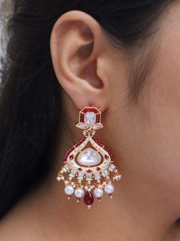 Girl wearing Eva Designer Kundan Polki & Red Meenakari Dangle Earrings by Live Some India