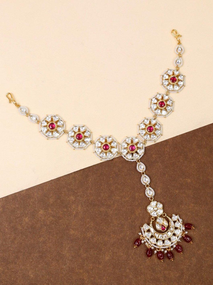 A closeup image of Exquisite Kundan Floral Maang Tikka -3 by Live Some India 