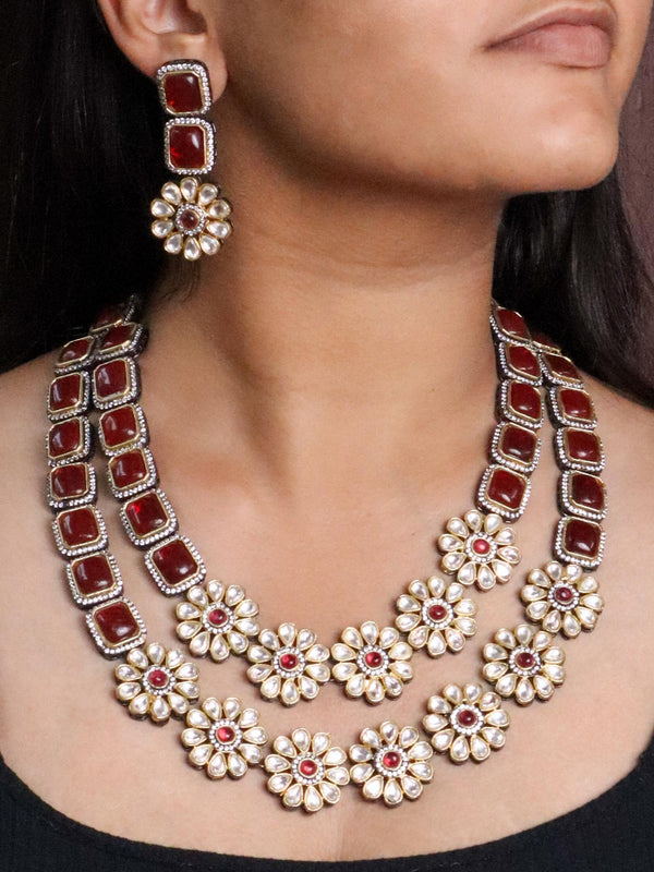 A closeup image of a girl wearing Floral Motifs Kundan Polki Necklace Set -1 by Live Some India 
