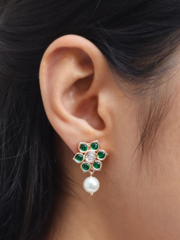 Girl wearing Floral Pearl Minimalist Kundan Polki Earrings by Live Some India