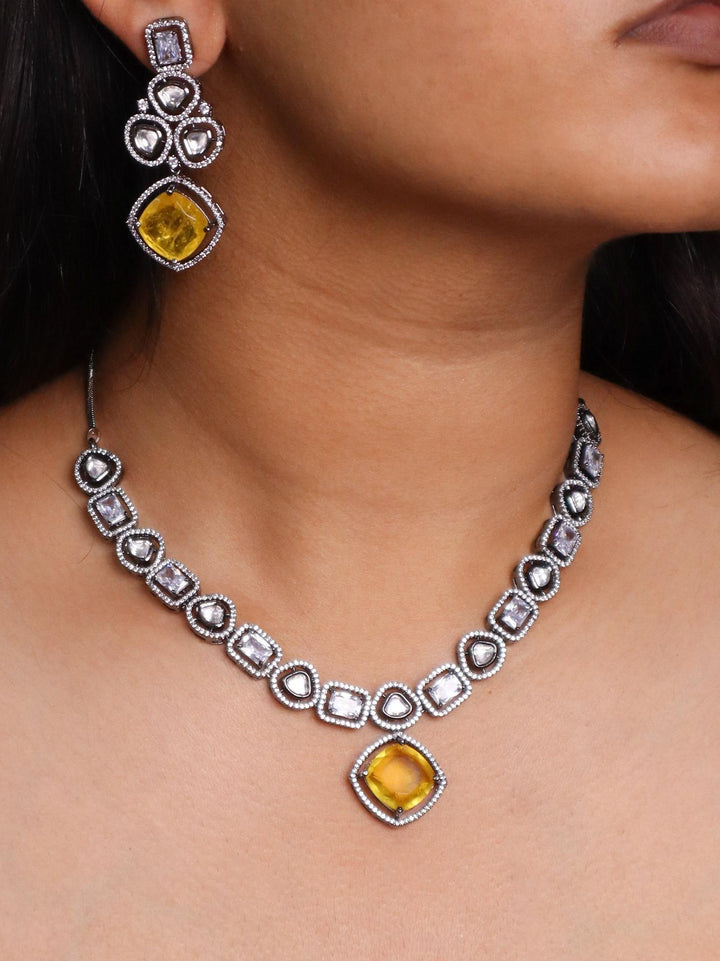 A closeup image of a girl wearing Geometric Diamond Necklace Set by Live Some India 