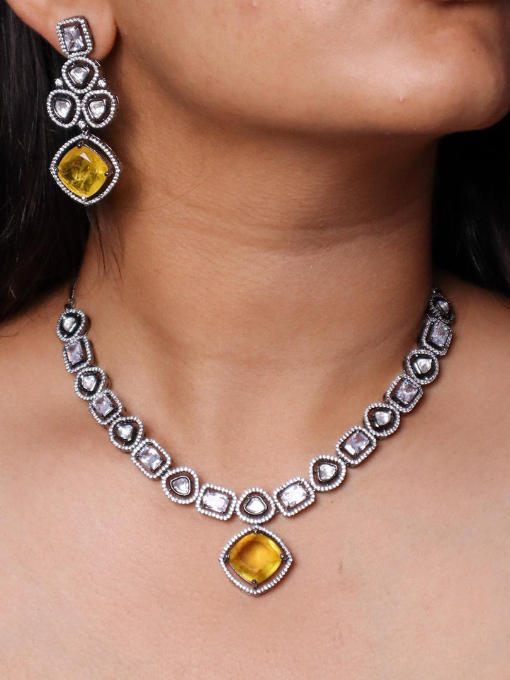 A closeup image of a girl wearing Geometric Diamond Necklace Set -4 by Live Some India 