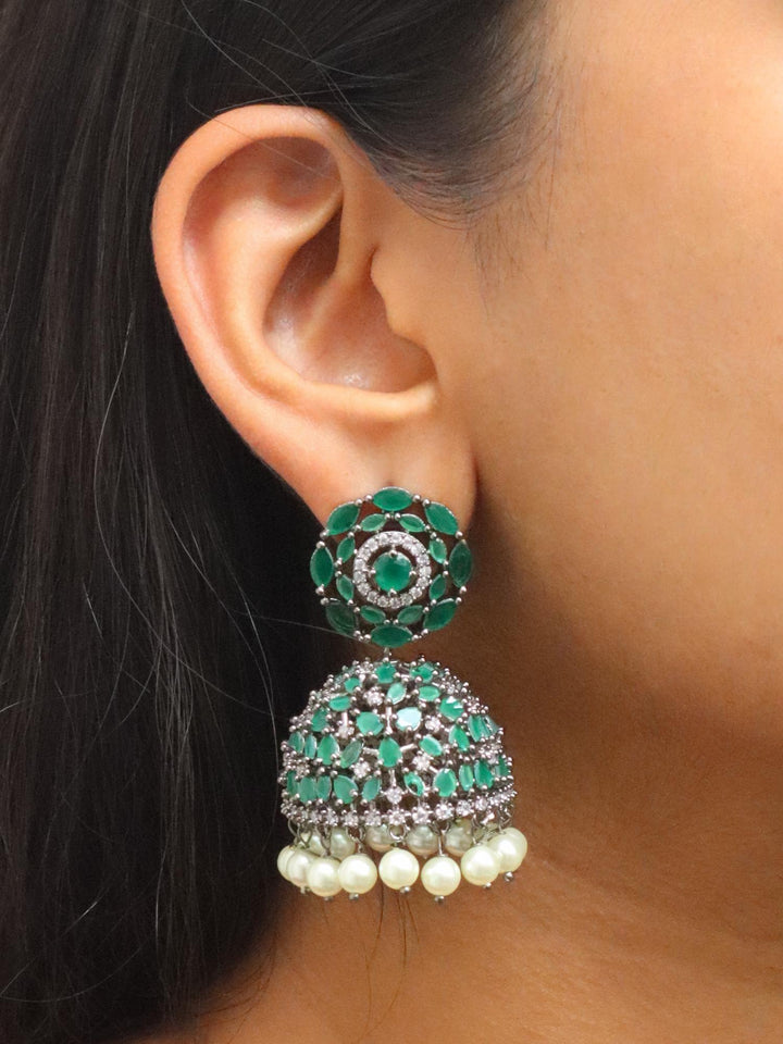 A closeup image of a girl wearing Ghoomar Contemporary Jhumka Earrings -1 by Live Some India 