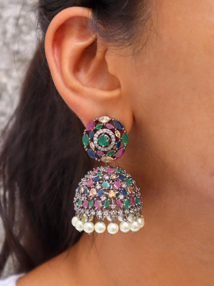 A closeup image of Ghoomar Contemporary Jhumka Earrings -2 by Live Some India 