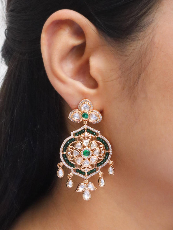 Girl wearing Gia Green Beaded Kundan Polki Dangle Earrings by Live Some India