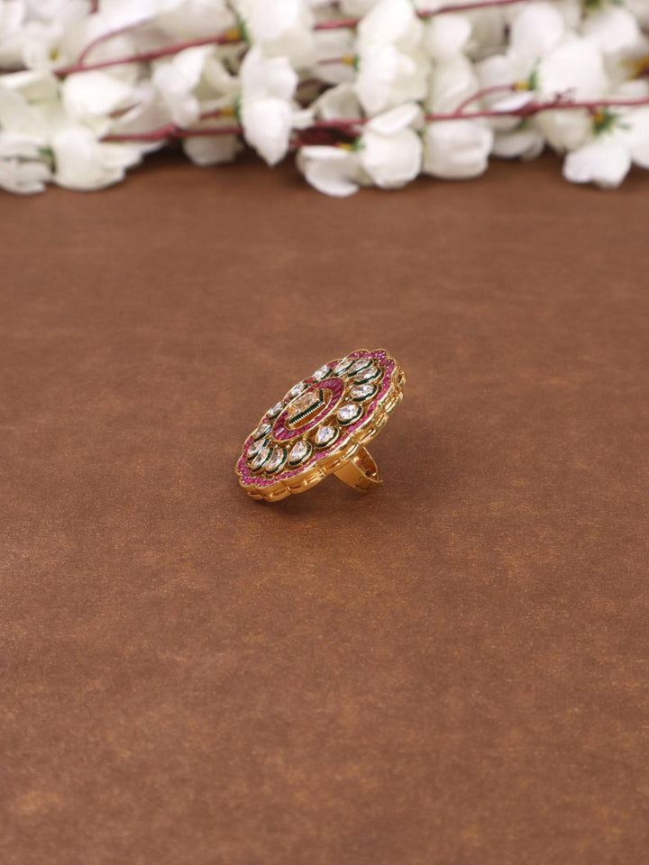 A closeup image of Graceful Kundan Polki Ring -2 by Live Some India on a brown background 