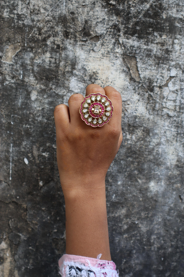 A closeup image of a girl wearing Graceful Kundan Polki Ring -3 by Live Some India 