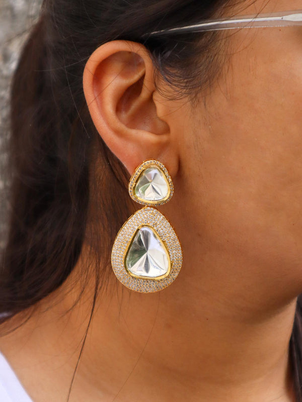 A closeup image of a girl wearing Grand Kundan Polki Dangler Earrings -1 by Live Some India 