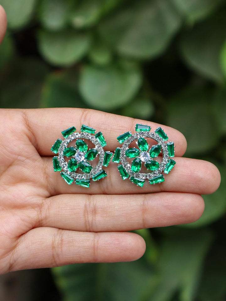 A closeup image of Green Chakra Diamond Earrings -1 by Live Some India