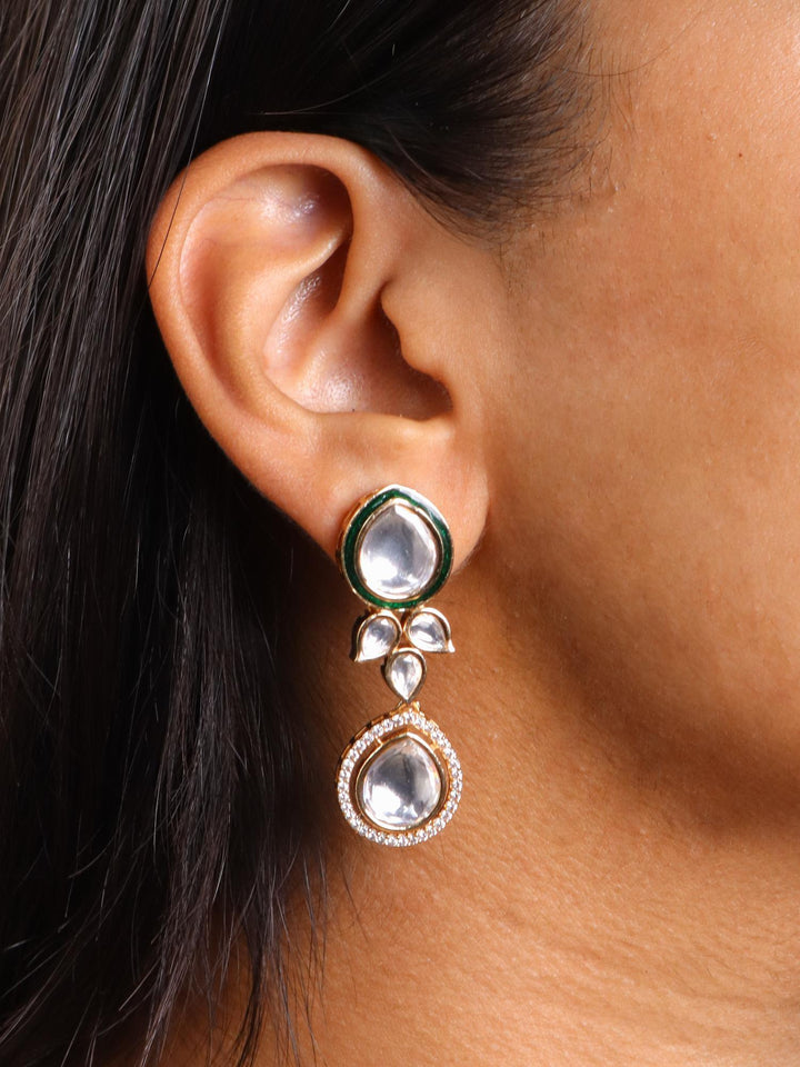 A closeup image of a girl wearing Green Meenakari Vasi Kundan Polki Earrings -3 by Live Some India 