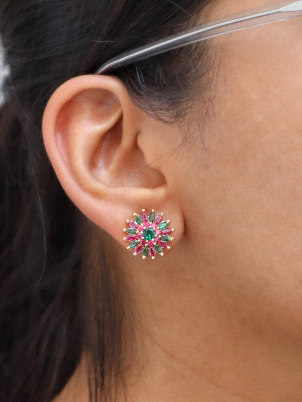 A closeup image of Green Pink Daisy Earrings by Live Some India 