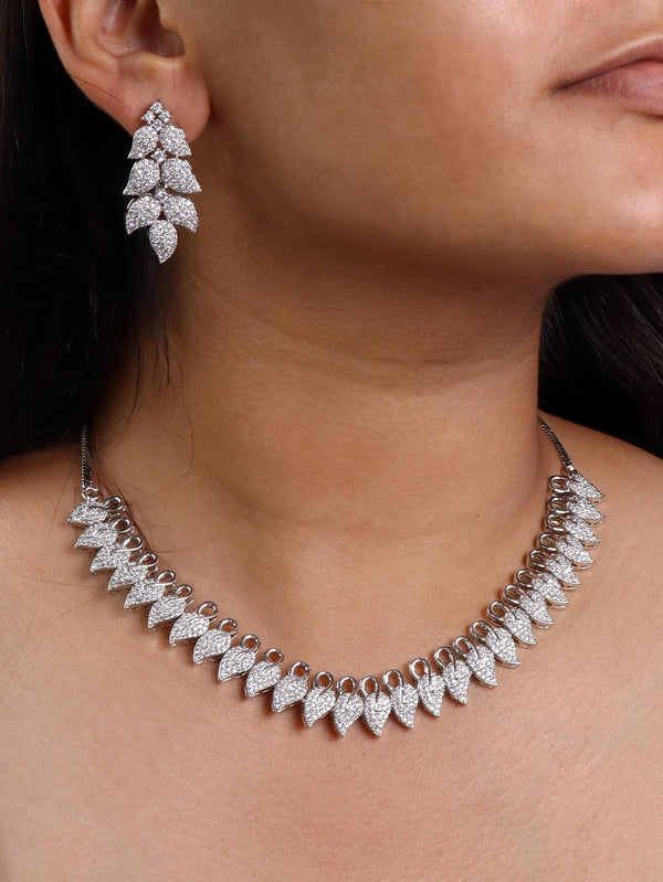 A closeup image of a girl wearing Hooked Diamond Necklace Set -3 by Live SOme India 