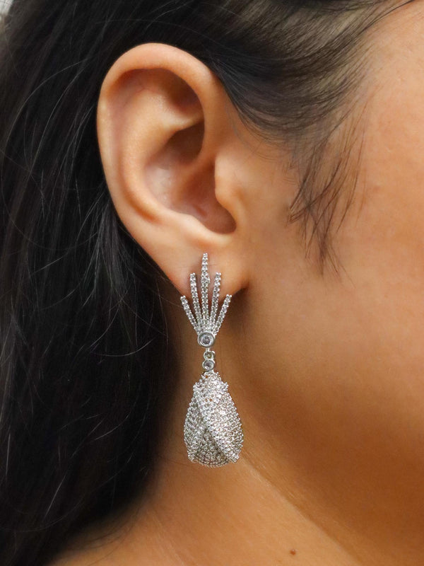 Girl wearing Iced Designer Diamond Dangle Earrings by Live Some India