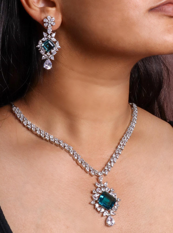 A closeup image of a girl wearing Iktara Diamond Necklace Set by Live Some India 