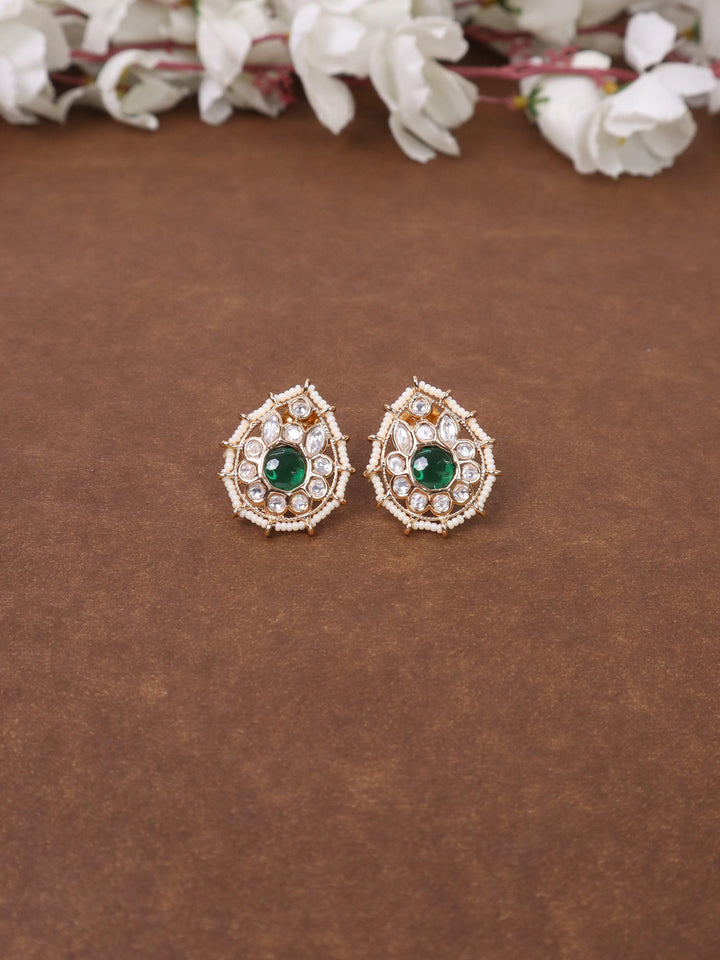 A closeup image of Jaani Green Kundan Polki Stud Earrings -1 by Live Some India 