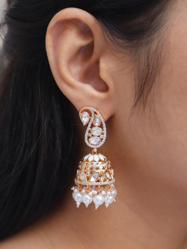 Girl wearing Jodha Kundan Polki & Meenakari Jhumka Earrings by Live Some India
