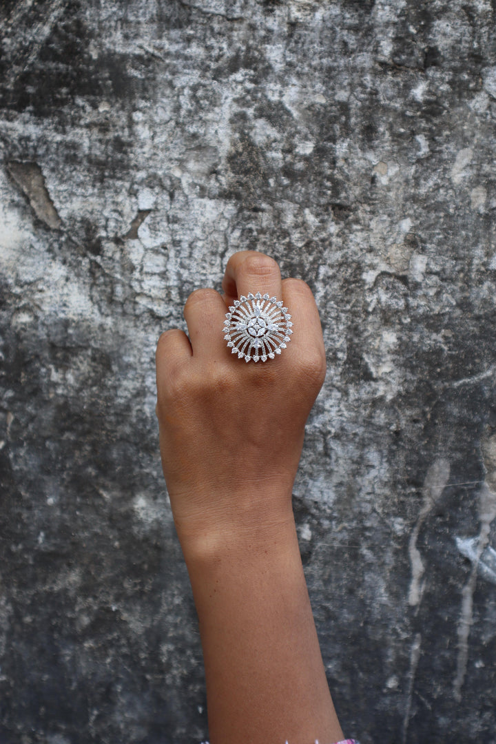 A closeup image of a girl wearing Kaashvi Diamond Ring by Live Some India 