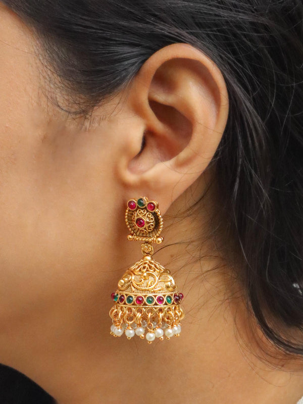 Women wearing Keerthana Temple Jewellery Jhumka Earrings by Live Some India