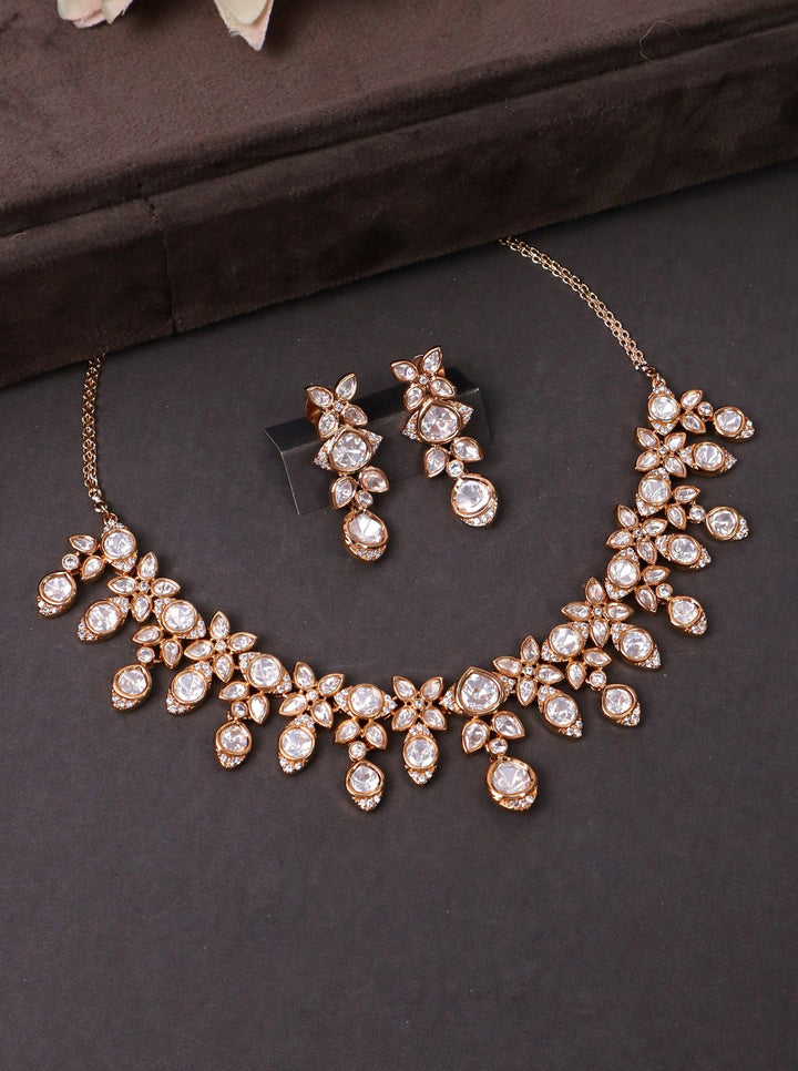 A closeup image of Krisha Diamond Necklace Set by Live Some India on a black background 