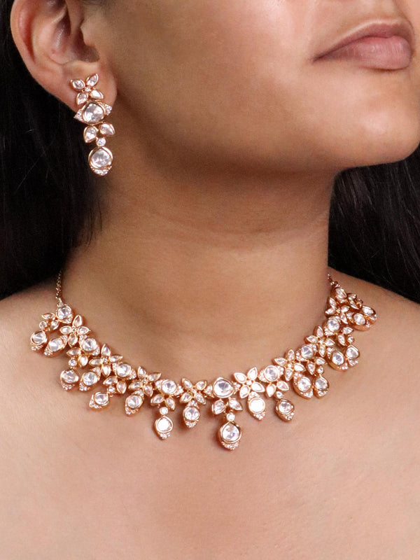 A closeup image of a girl wearing Krisha Diamond Necklace Set -3 by Live Some India 