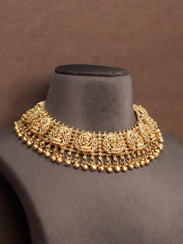 Laxmi Mata Temple Necklace Set by Live Some India on a brown mannequin