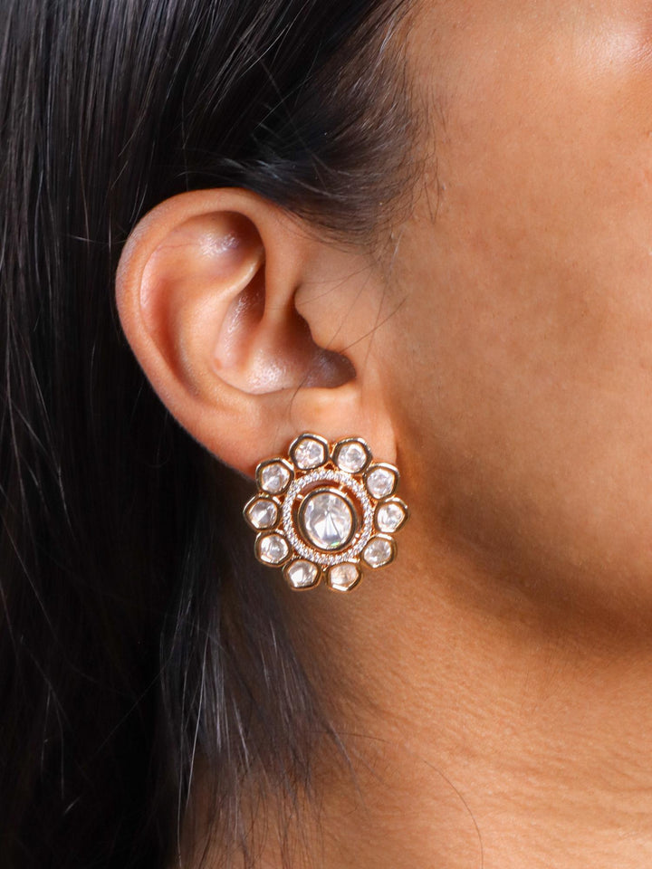 A closeup image of a girl wearing Layered Moissante Kundan Polki Earrings -4 by Live Some India 