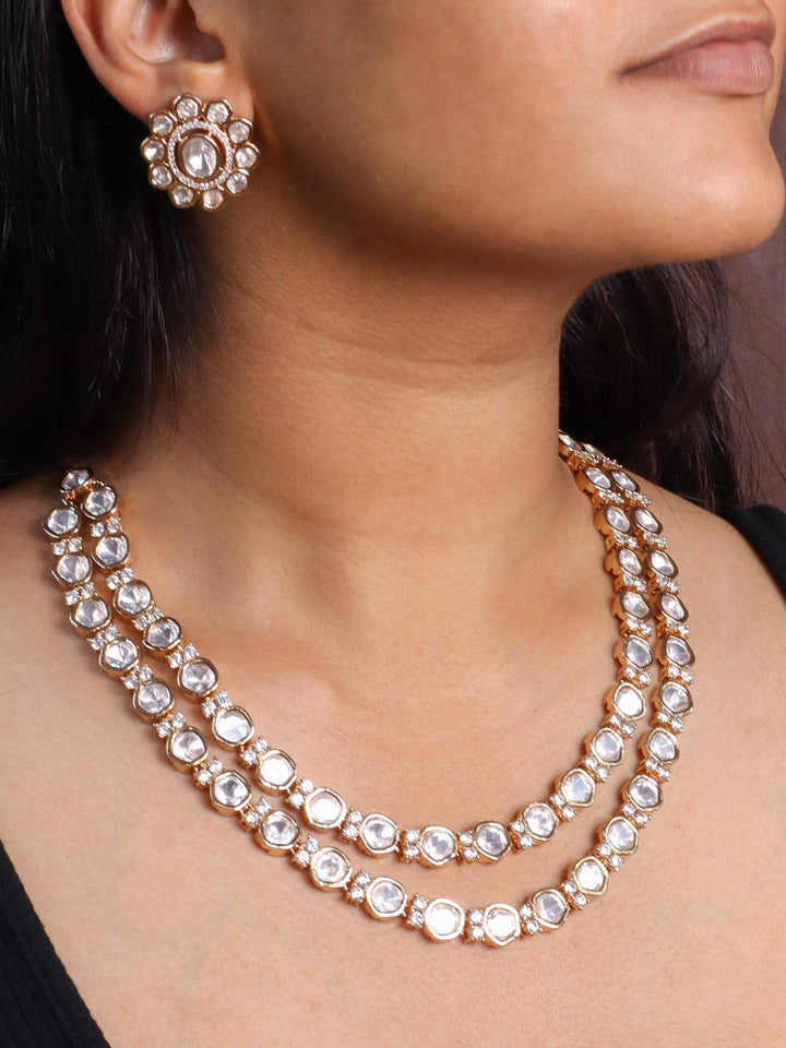 A closeup image of a girl wearing Layered Moissante Kundan Polki Necklace Set -4 by Live Some India 