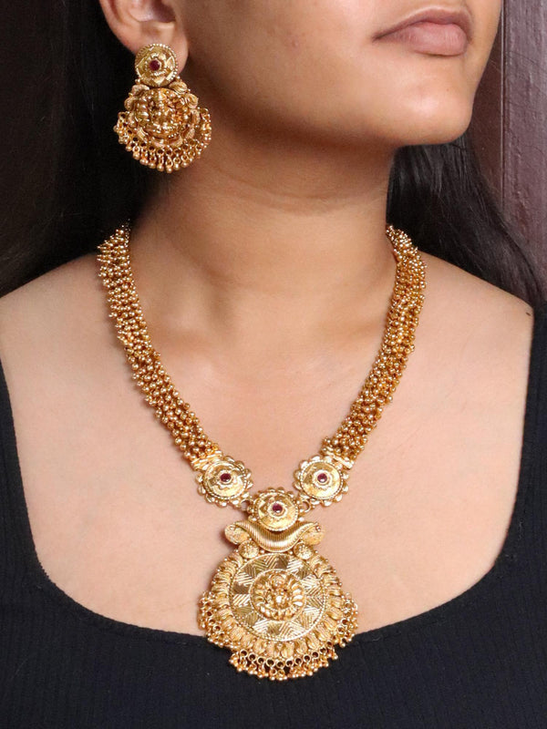 A closeup image of a girl wearing Maa Laxmi Temple Jewellery -4 by Live Some India 