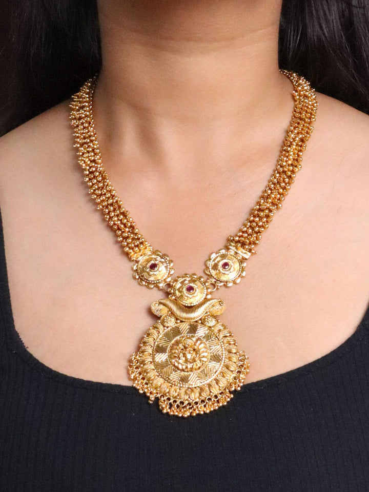 A closeup image of a girl wearing Maa Laxmi Temple Necklace -4 by Live Some India 