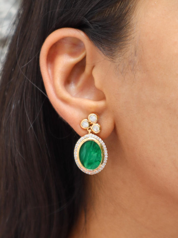 A closeup image of a girl wearing Marble Rose Gold MOP Earrings -2 by Live Some India 