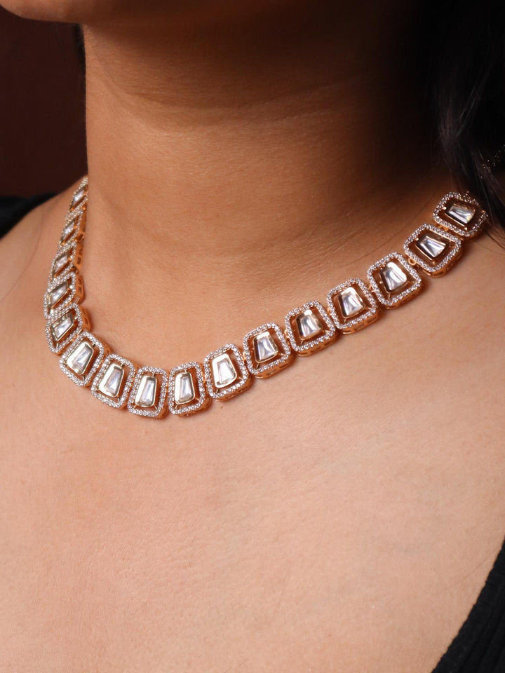 A closeup image of a girl wearing Meera Kundan Polki Necklace Set -4 by Live Some India 